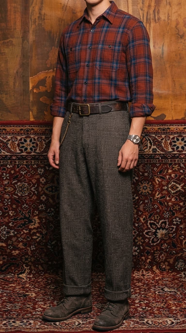 A man wearing a red and blue plaid long-sleeve shirt, a dark leather belt with a brass buckle, grey plaid trousers with a cuff, and dark grey suede chukka boots.