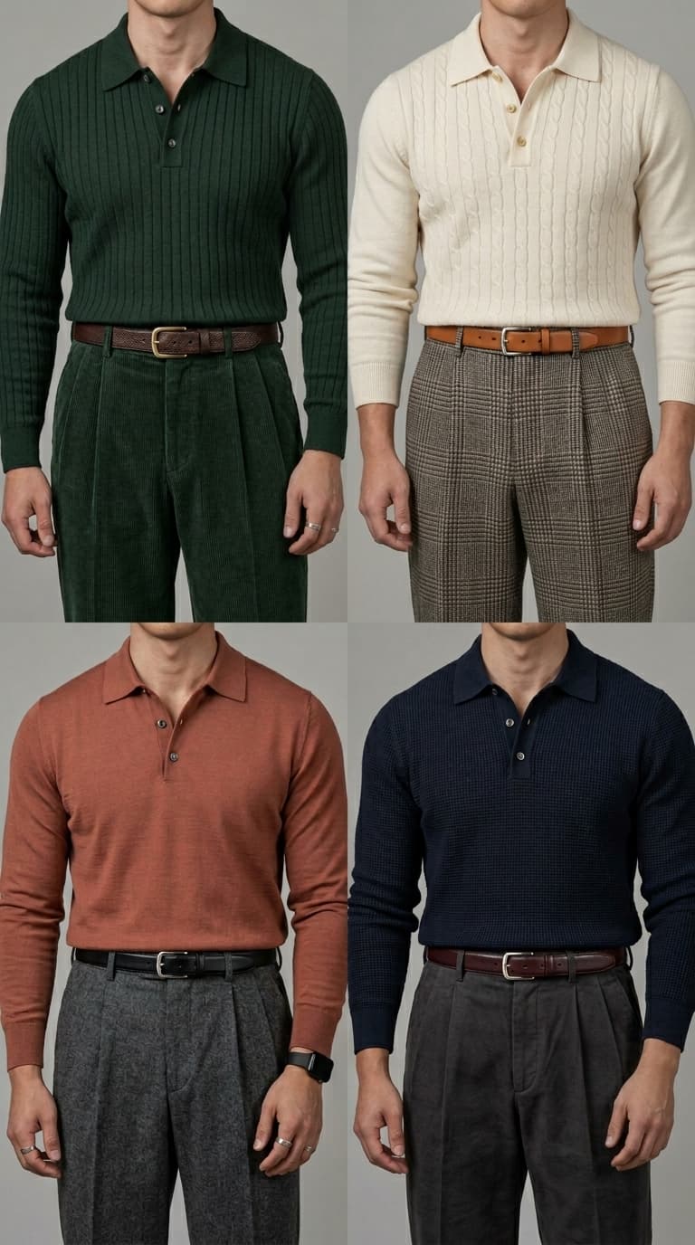 Four men in different knit polo shirts and trousers, showcasing smart casual outfits.