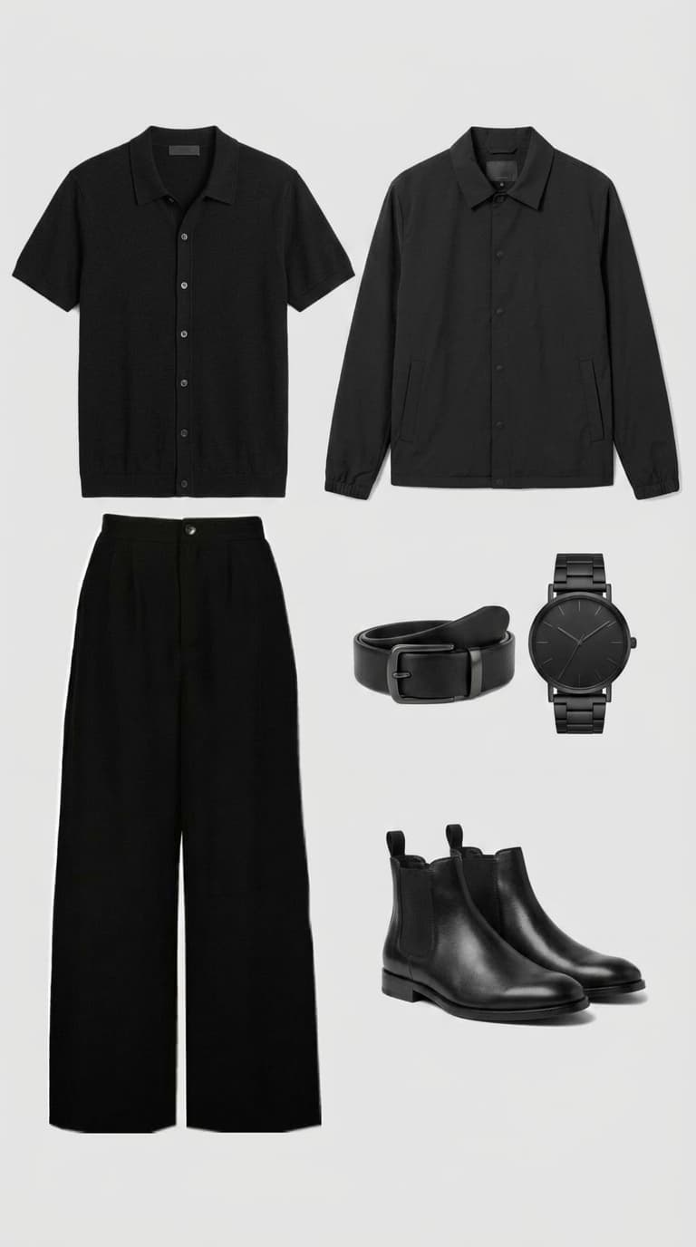 A flat lay of an all-black men's outfit featuring a short-sleeve knit polo shirt, wide-leg trousers, a bomber jacket, a black leather belt, a black metal watch, and black leather Chelsea boots.