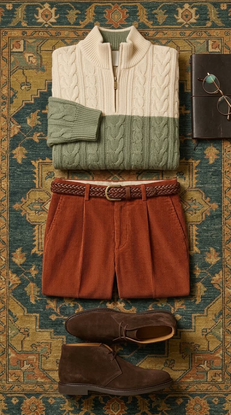 A flat lay of a men's fall outfit featuring a cream and green cable-knit quarter-zip sweater, rust-colored corduroy shorts with pleats and a braided belt, and dark brown suede chukka boots, all arranged on an oriental rug.