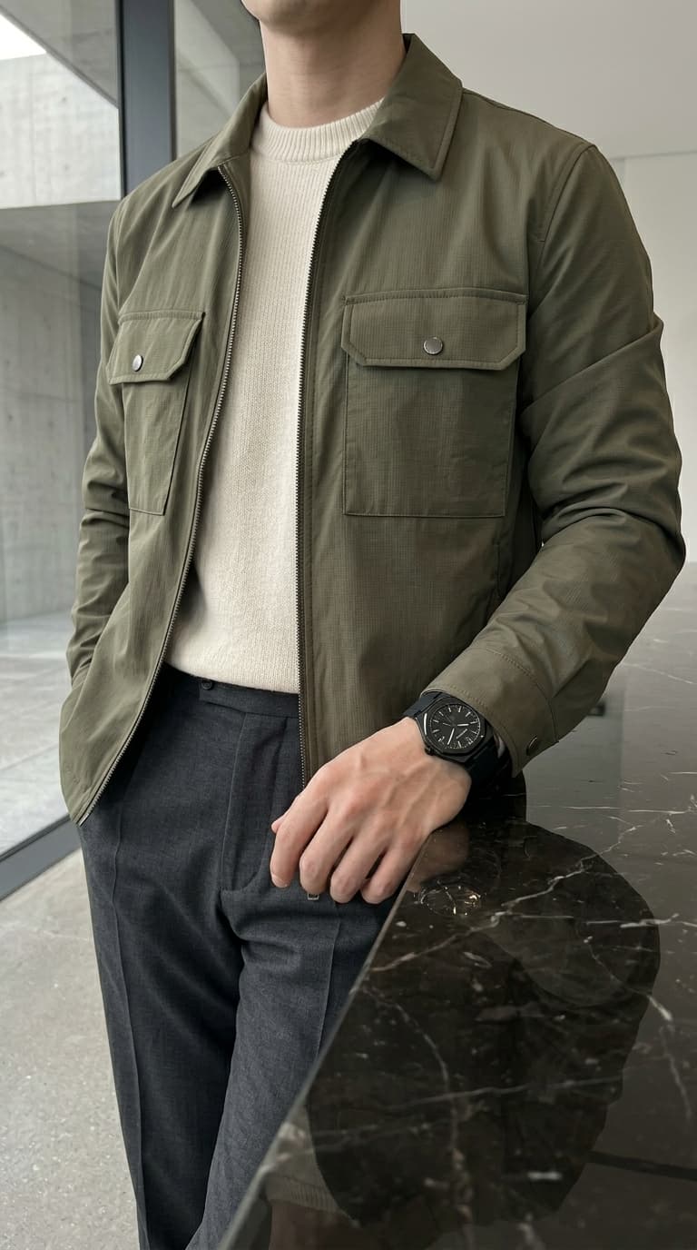 Man wearing an olive utility jacket over a cream sweater and charcoal trousers, with a black watch.