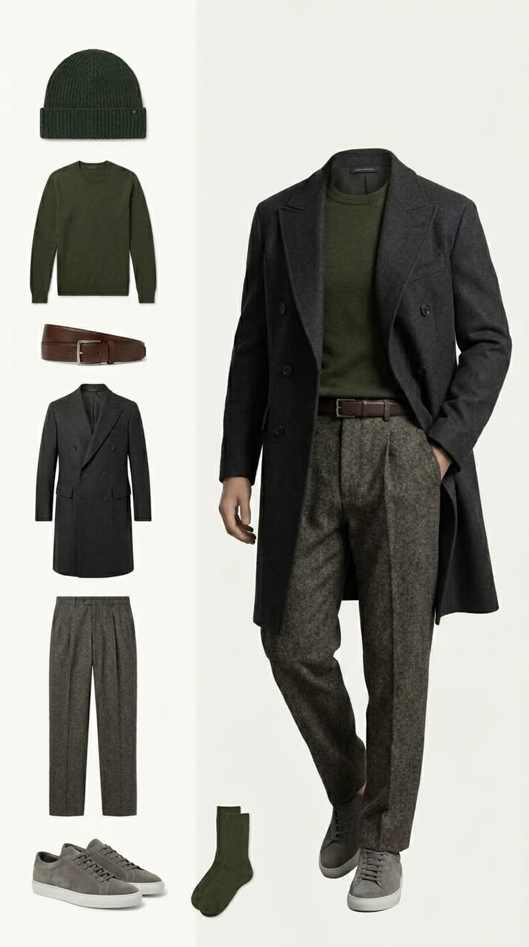 A flat lay and mannequin display of a men's dark academia outfit featuring a dark grey double-breasted overcoat, olive green crewneck sweater, charcoal tweed trousers, brown leather belt, dark green beanie, olive green socks, and grey suede sneakers.
