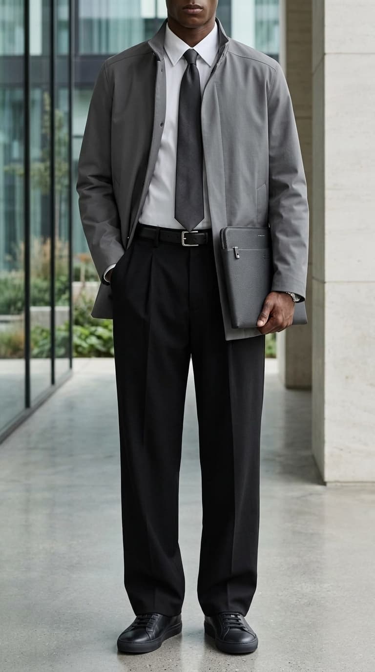 A man in a grey jacket, white shirt, dark tie, black trousers, and black sneakers, holding a grey portfolio.