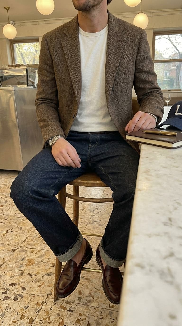 Man wearing a brown tweed blazer over a white t-shirt, dark wash cuffed jeans, and burgundy loafers.