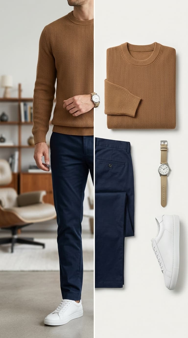 A man wearing a brown ribbed crewneck sweater with navy chinos and white sneakers, with a flat lay of the same outfit components.