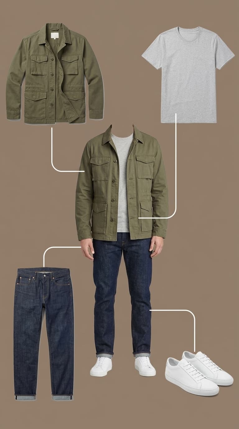 A flat lay of a men's outfit featuring a green field jacket, grey t-shirt, dark wash jeans, and white sneakers.