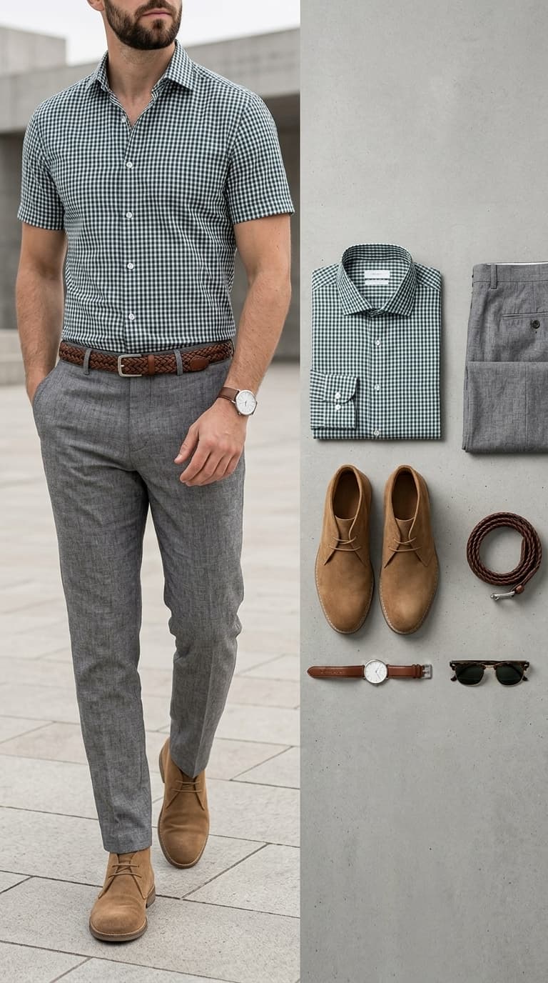 Man wearing a green and white gingham short-sleeve shirt, grey trousers, and brown shoes.