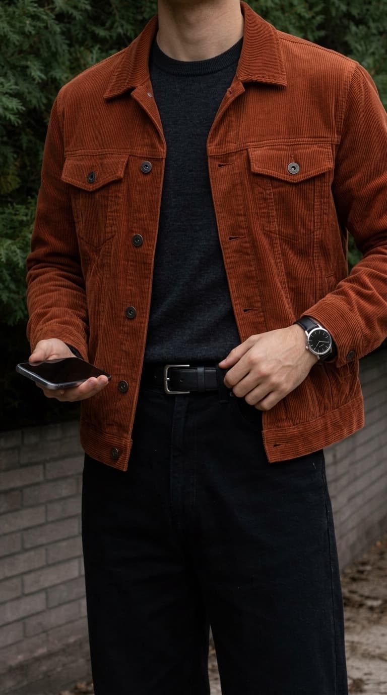 A man wearing a rust-colored corduroy trucker jacket over a dark grey crewneck sweater, black jeans, and a black belt, holding a phone.