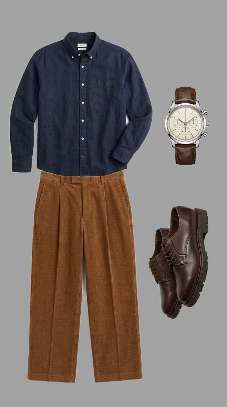 A flat lay of a men's outfit featuring a navy long-sleeve button-down shirt, brown pleated corduroy pants, a brown leather strap watch, and dark brown lace-up shoes.