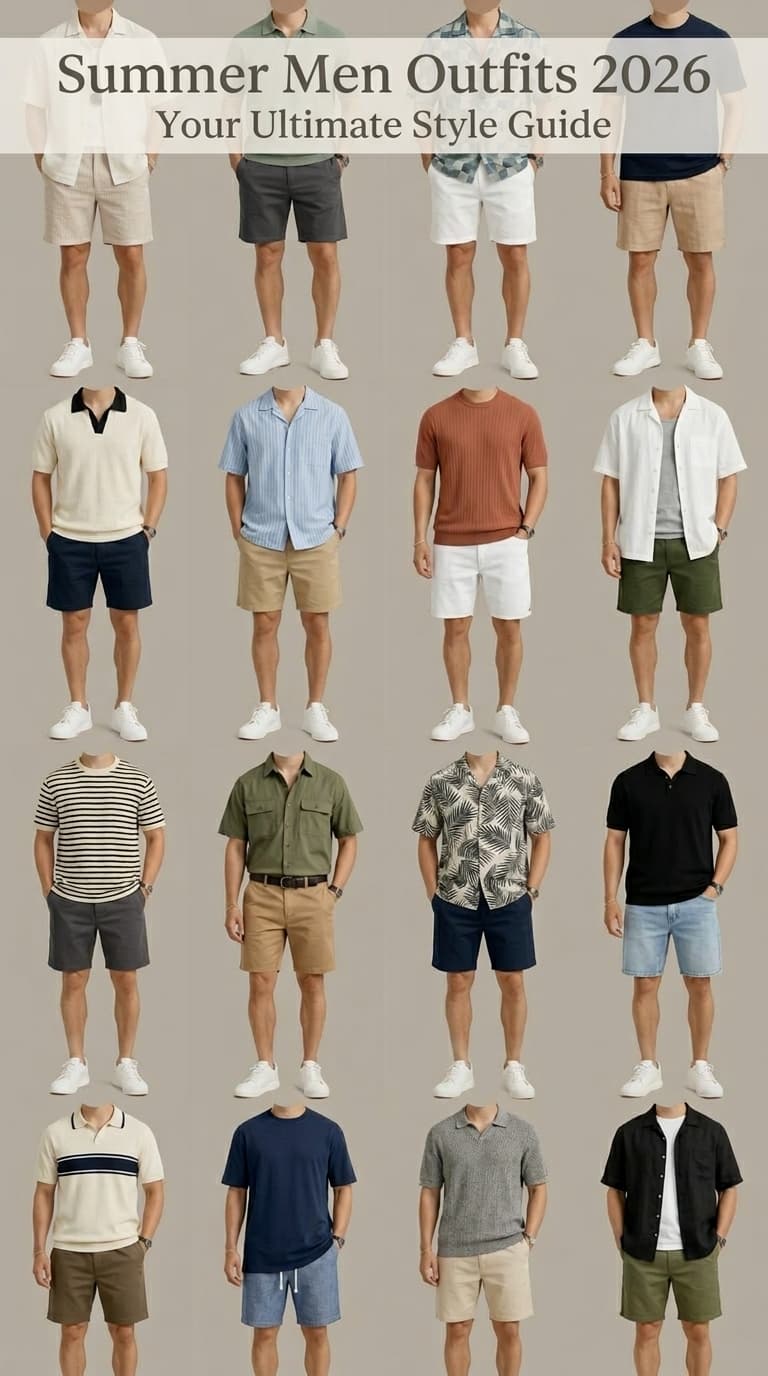 A grid of men's summer outfits featuring various shorts and short-sleeve shirts.