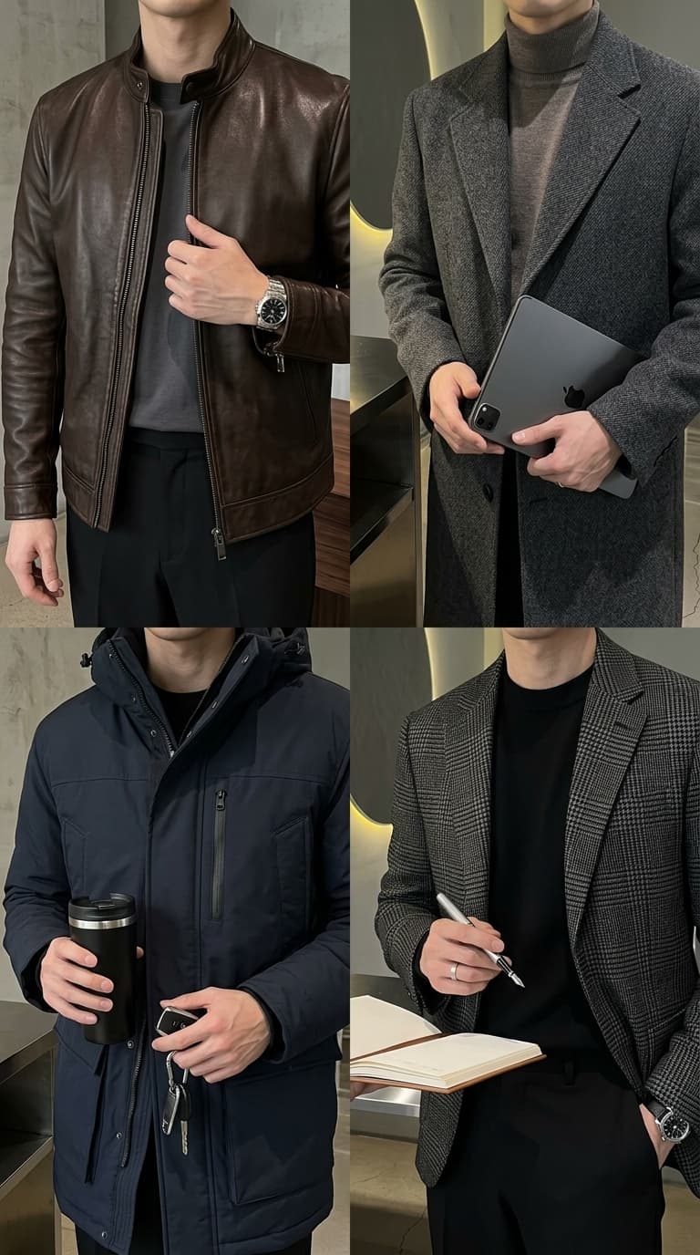 Collage of four men's outfits featuring different outerwear: a brown leather jacket, a grey wool overcoat, a navy parka, and a grey plaid blazer.