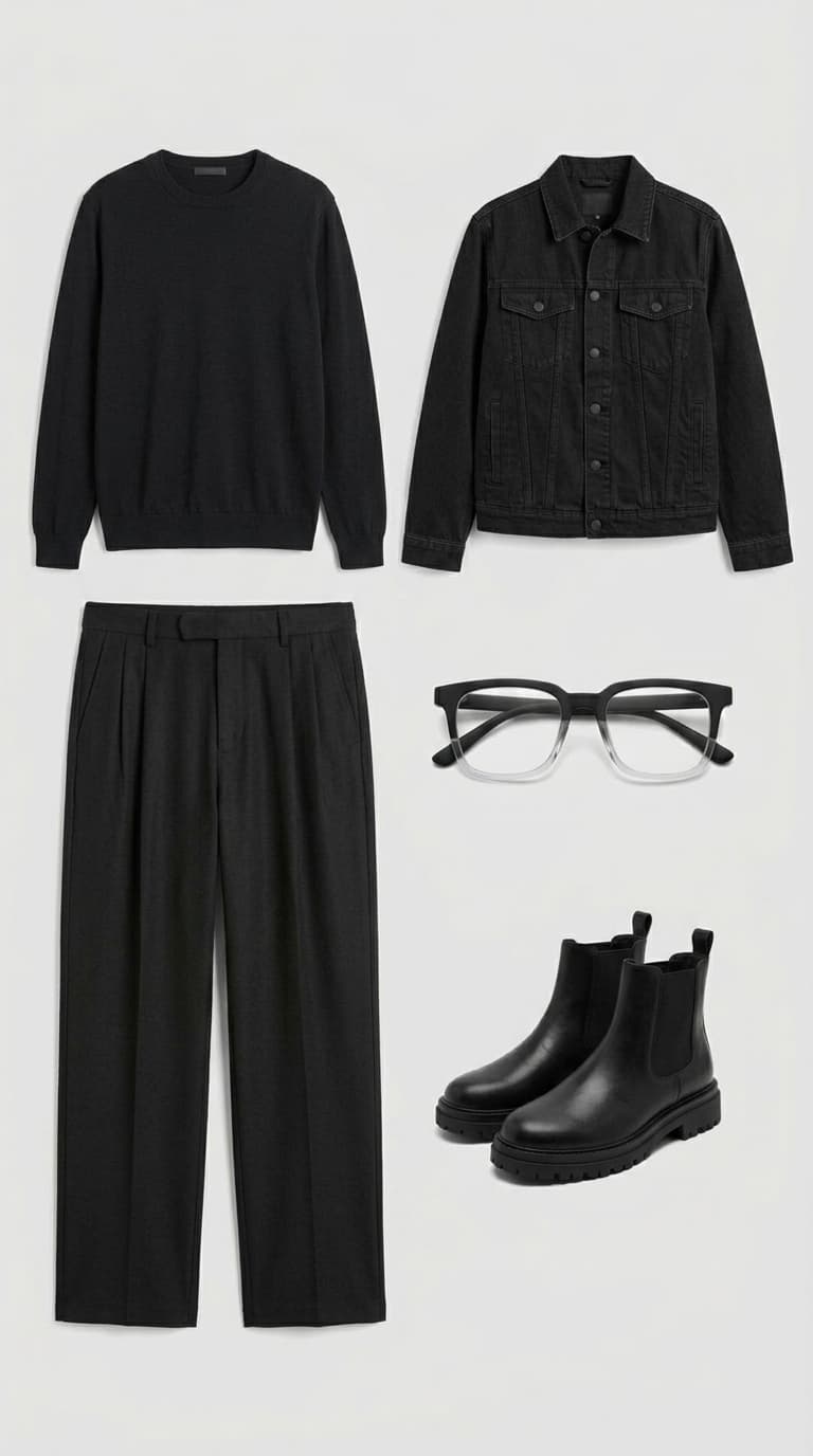 Flat lay of a men's all-black outfit featuring a crewneck sweater, denim jacket, pleated trousers, chelsea boots, and clear-rimmed glasses.
