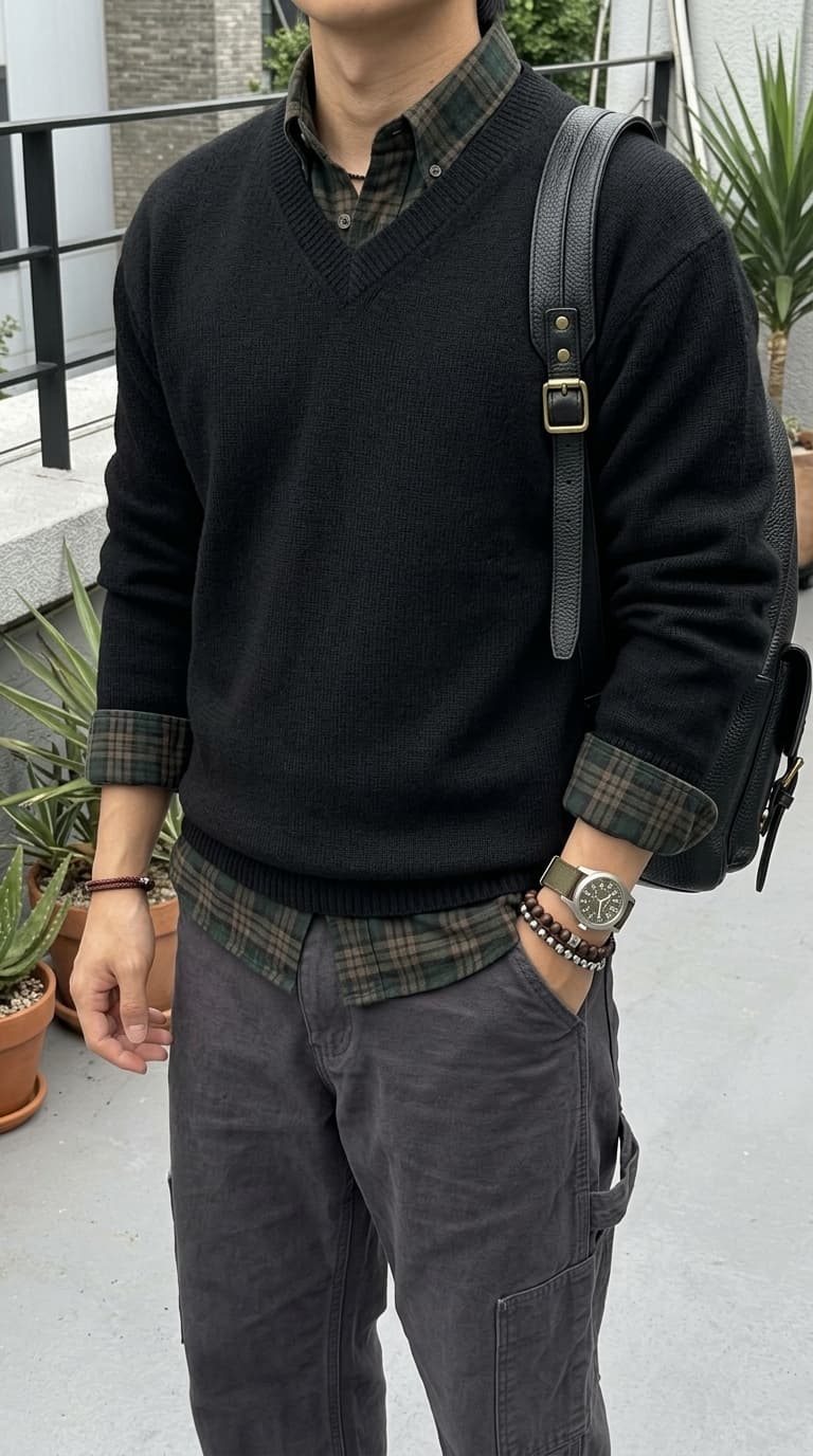 A man wearing a black V-neck sweater over a green and brown plaid button-down shirt, dark grey cargo pants, and a black backpack.