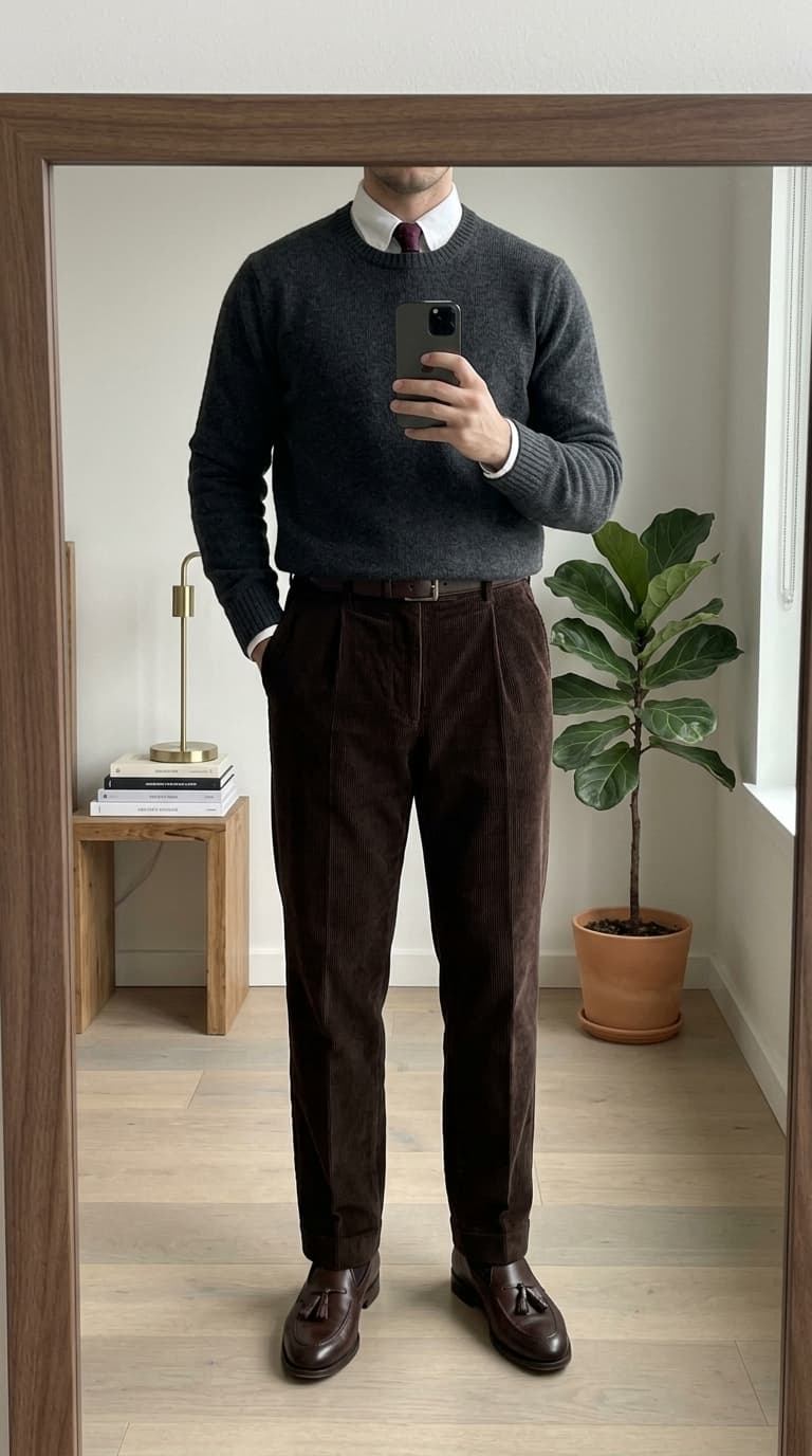 Man wearing dark brown corduroy pants, a charcoal crewneck sweater, white dress shirt, burgundy tie, and brown tassel loafers, standing in front of a mirror.