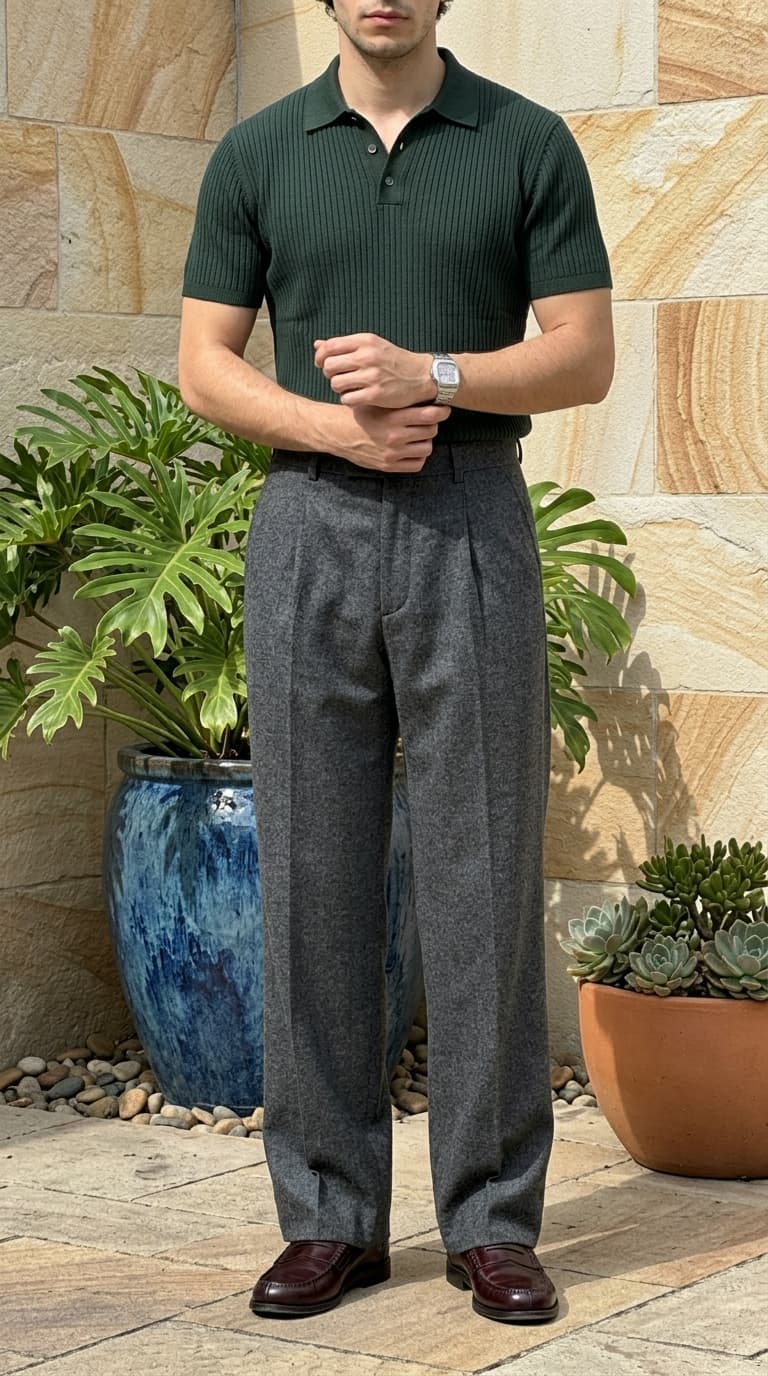 Man wearing a dark green ribbed knit short-sleeve polo shirt tucked into charcoal grey pleated trousers, with burgundy loafers and a silver watch.