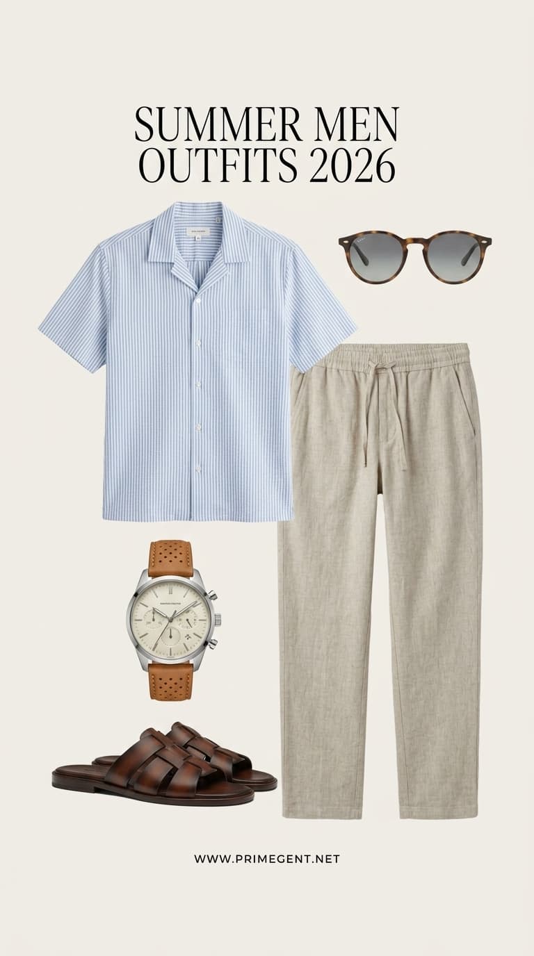 A flat lay of a men's summer outfit featuring a blue and white striped short-sleeve linen shirt, light beige drawstring linen pants, brown leather slide sandals, a silver watch with a brown leather strap, and tortoise shell sunglasses.