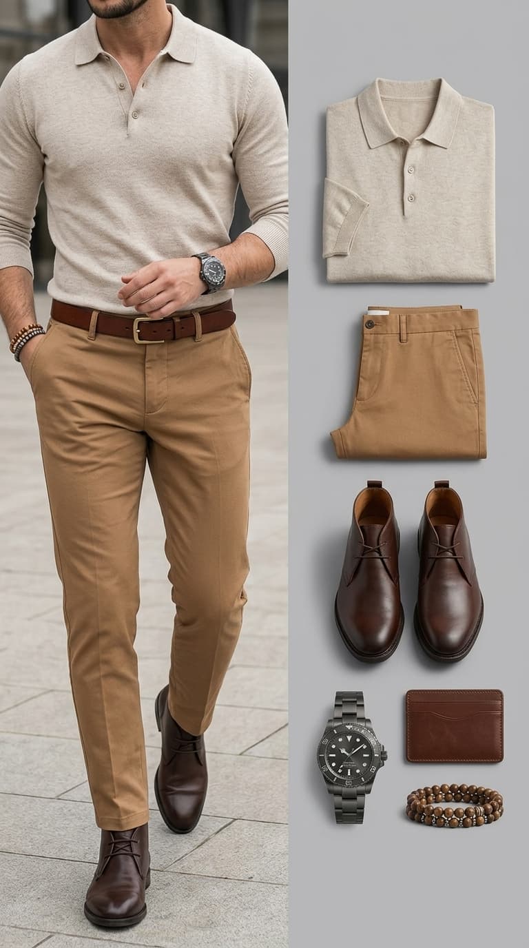 Man wearing a beige knit polo shirt with tan chinos, brown belt, and brown chukka boots, with flat lay of the outfit components.