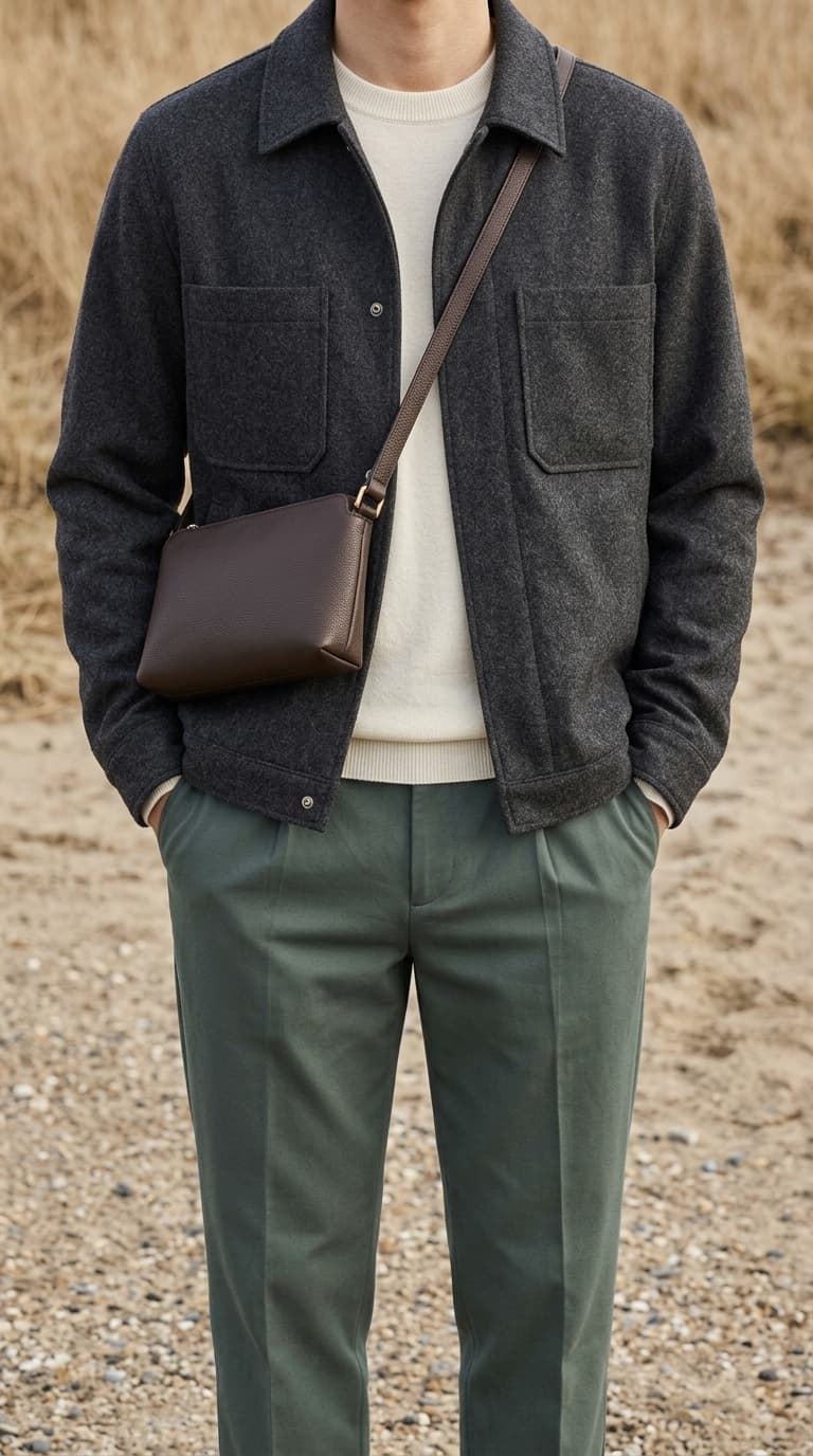 Man wearing a dark grey jacket over a cream sweater, with green trousers and a brown crossbody bag.