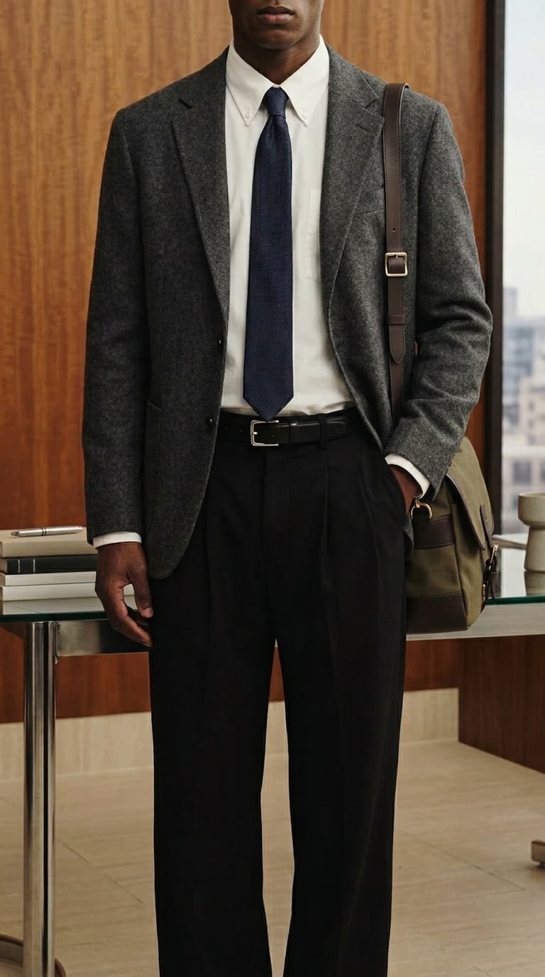 A man in a charcoal blazer, white button-down shirt, navy tie, and black pleated trousers, carrying a messenger bag.