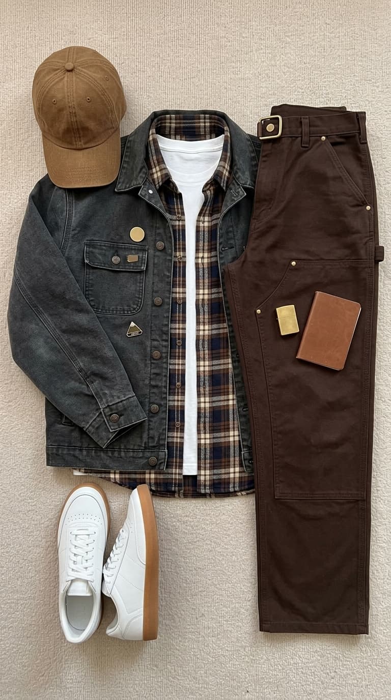 A flat lay of a men's workwear-inspired outfit featuring a charcoal denim jacket, plaid shirt, white t-shirt, brown canvas pants, brown baseball cap, and white sneakers.