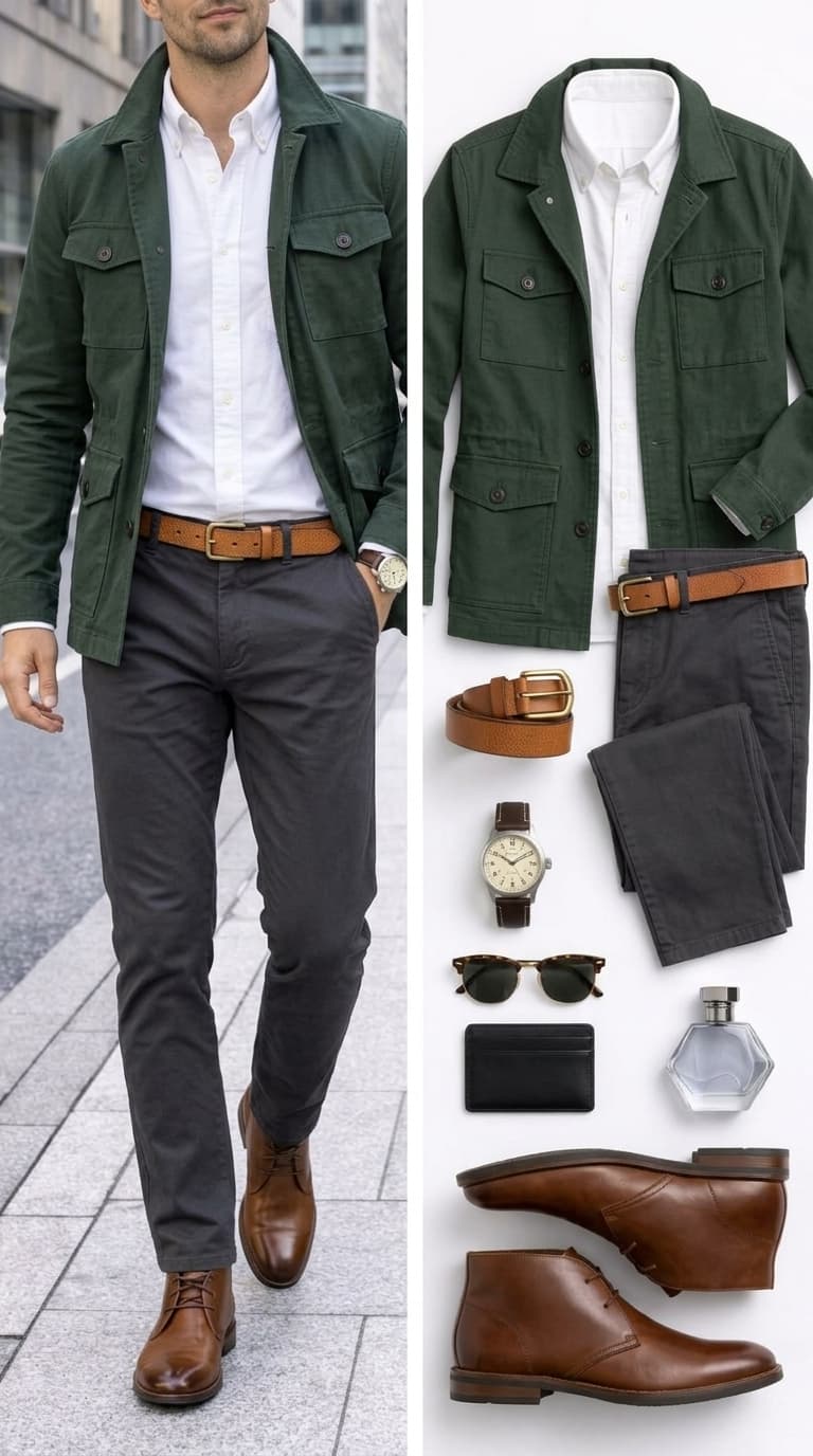 A man walks down a city street wearing a dark green military-style jacket over a white button-down shirt, charcoal pants, and brown chukka boots. The flat lay shows the same outfit components, plus a brown belt, watch, sunglasses, wallet, and cologne.