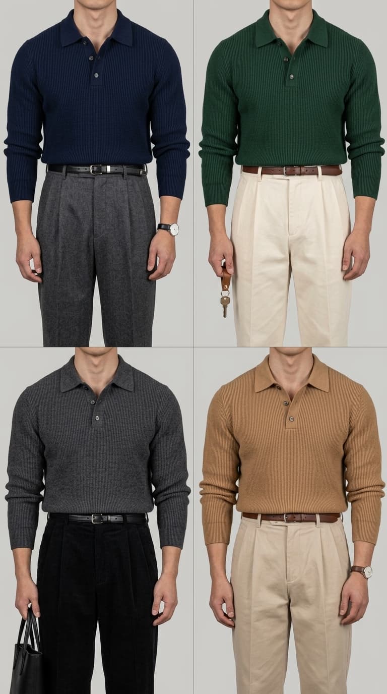 Four men wearing different colored ribbed knit long-sleeve polo shirts with tailored trousers and belts.