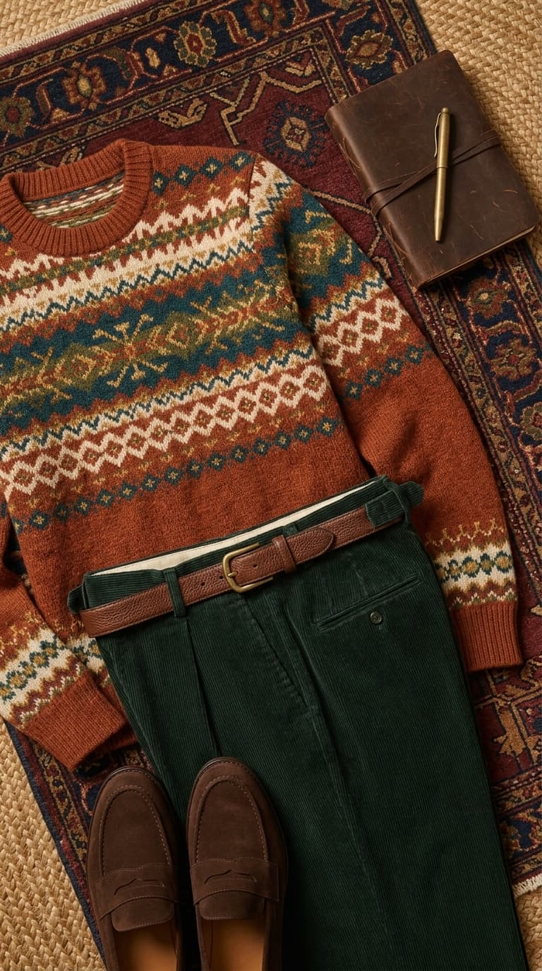 A flat lay of a men's outfit featuring a Fair Isle sweater, dark green corduroy pants, brown suede loafers, a brown leather belt, and a leather-bound journal with a pen.