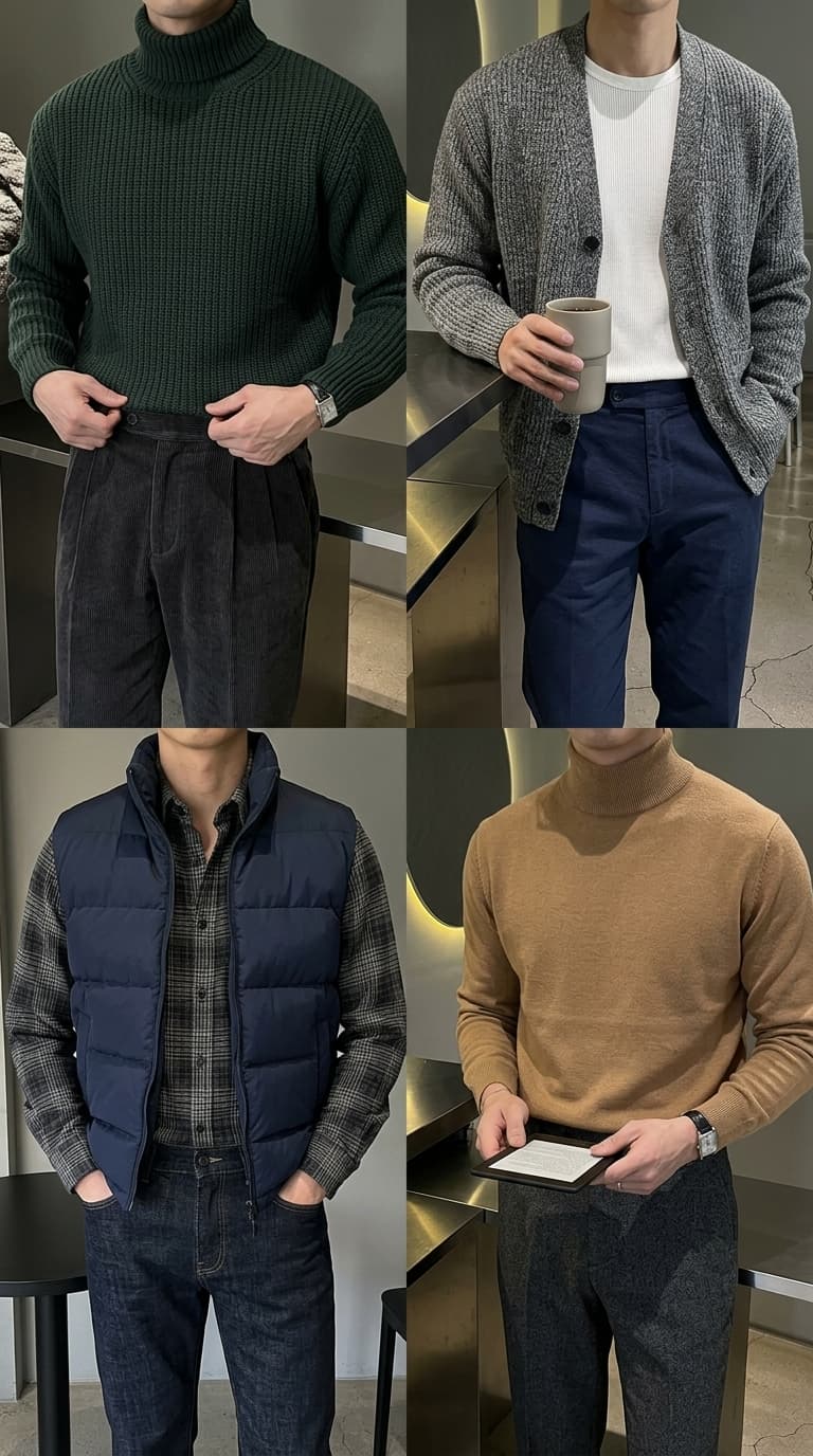 Collage of four men's outfits featuring knitwear: a dark green turtleneck with corduroy pants, a grey cardigan over a white tee with blue trousers, a navy puffer vest over a plaid shirt with jeans, and a camel turtleneck with charcoal trousers.