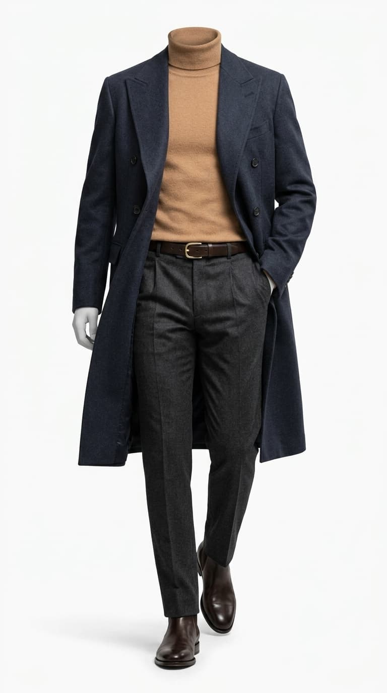 A mannequin wearing a navy double-breasted overcoat over a tan turtleneck, charcoal pleated trousers, a brown belt, and dark brown Chelsea boots.