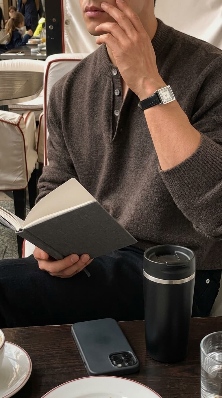 A man wearing a brown henley sweater, black pants, and a watch, holding a book.