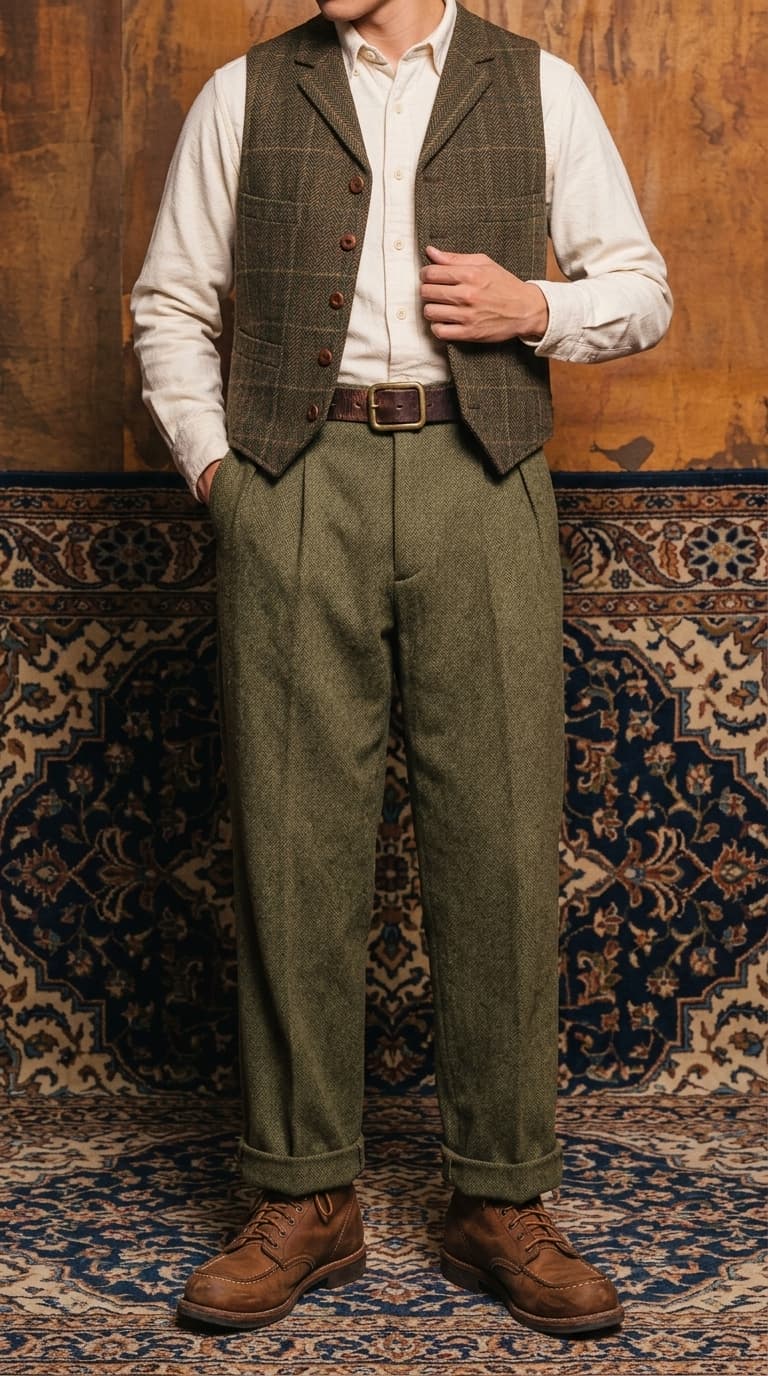 A man wearing a tweed vest over a cream-colored shirt, with olive green pleated trousers and brown lace-up boots.