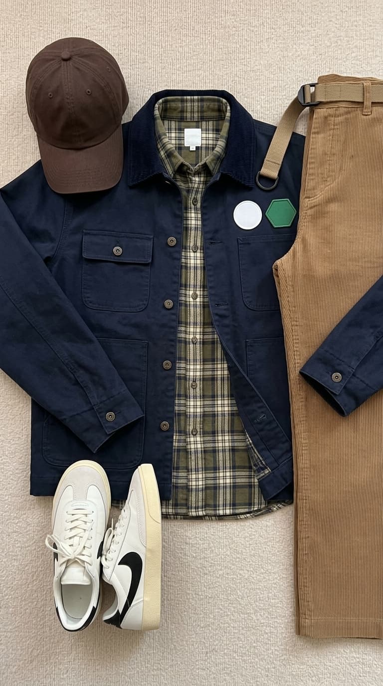 A flat lay of a men's outfit featuring navy chore coat, green plaid shirt, tan corduroy pants, brown baseball cap, and white sneakers.