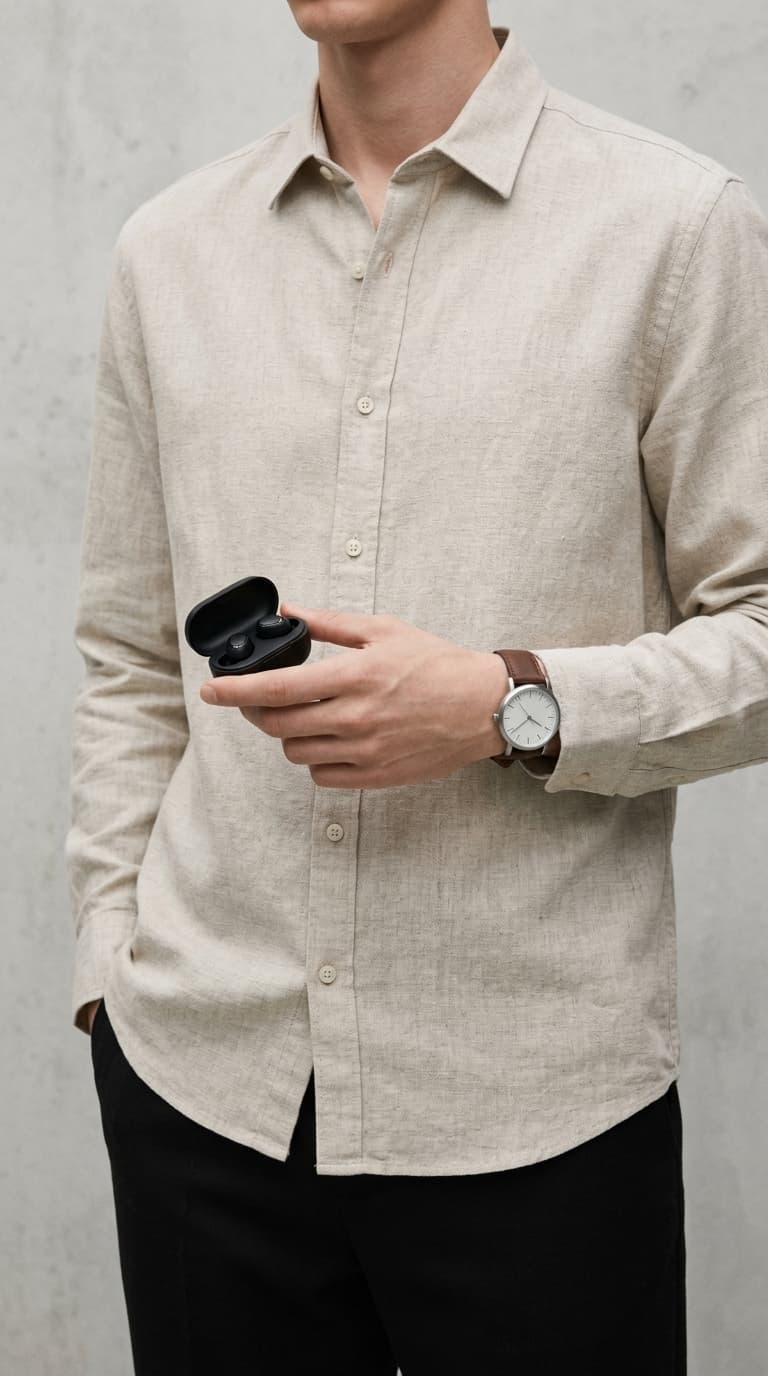 Man wearing a light blue linen shirt, unbuttoned over a white t-shirt, with beige chinos and brown loafers.