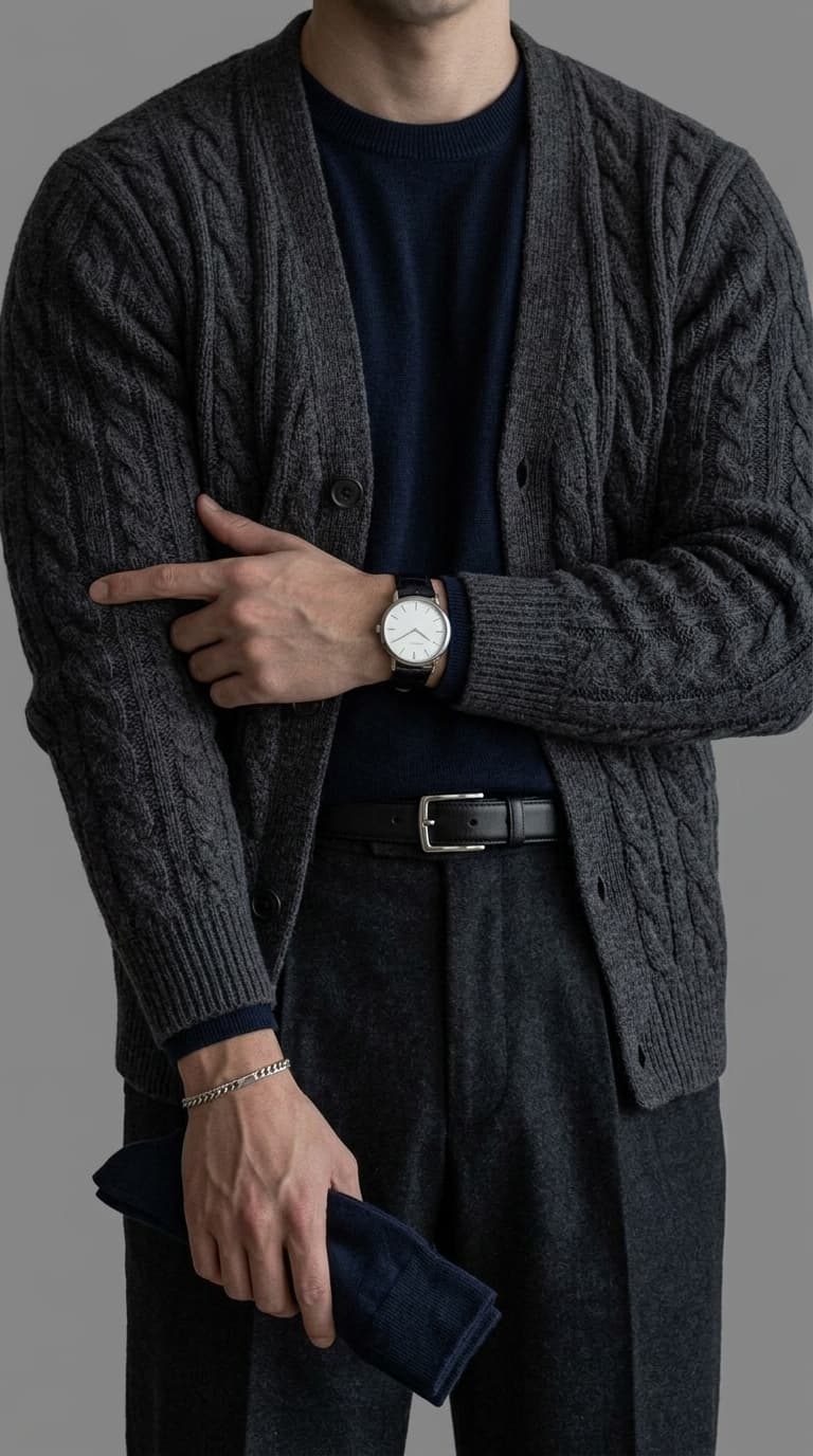 A man wearing a dark grey cable knit cardigan over a navy crewneck sweater, dark grey trousers, and a black belt.