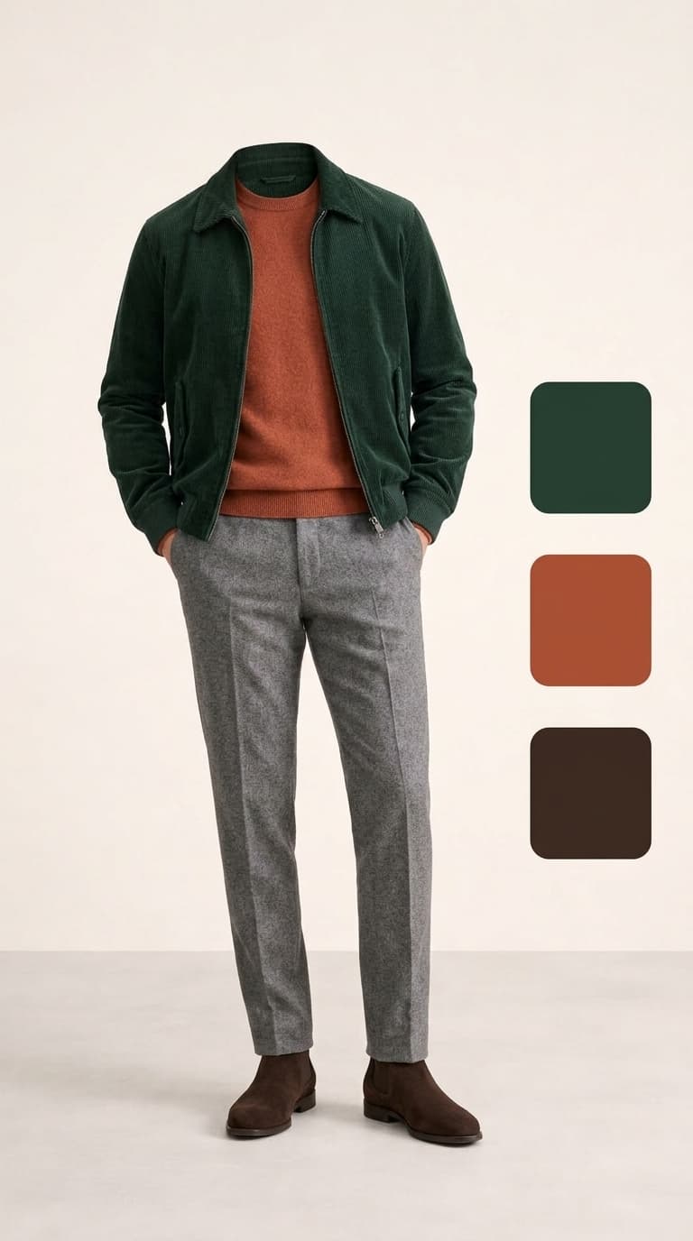 Mannequin wearing a dark green corduroy bomber jacket over an orange crewneck sweater, grey trousers, and dark brown suede Chelsea boots.