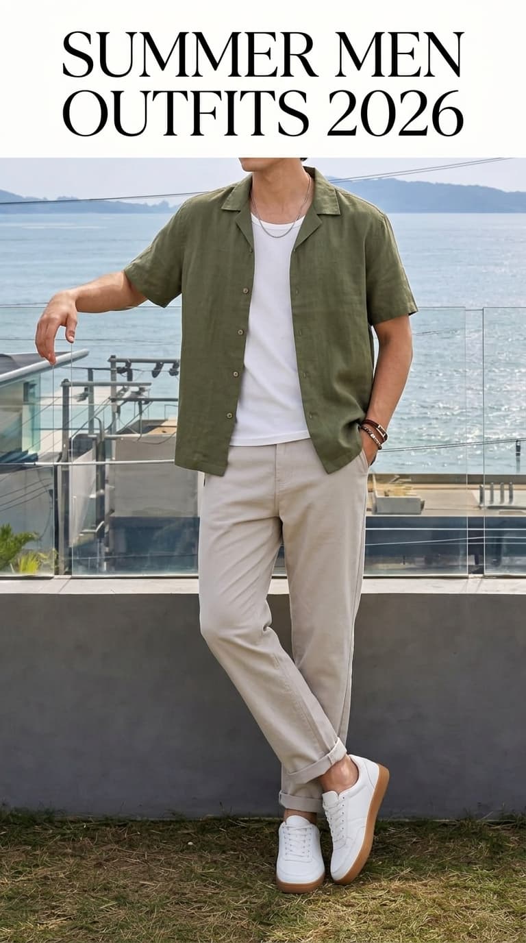 Man wearing a green short-sleeve linen shirt, white t-shirt, light beige chinos, and white sneakers with a gum sole, standing outdoors with a coastal background.