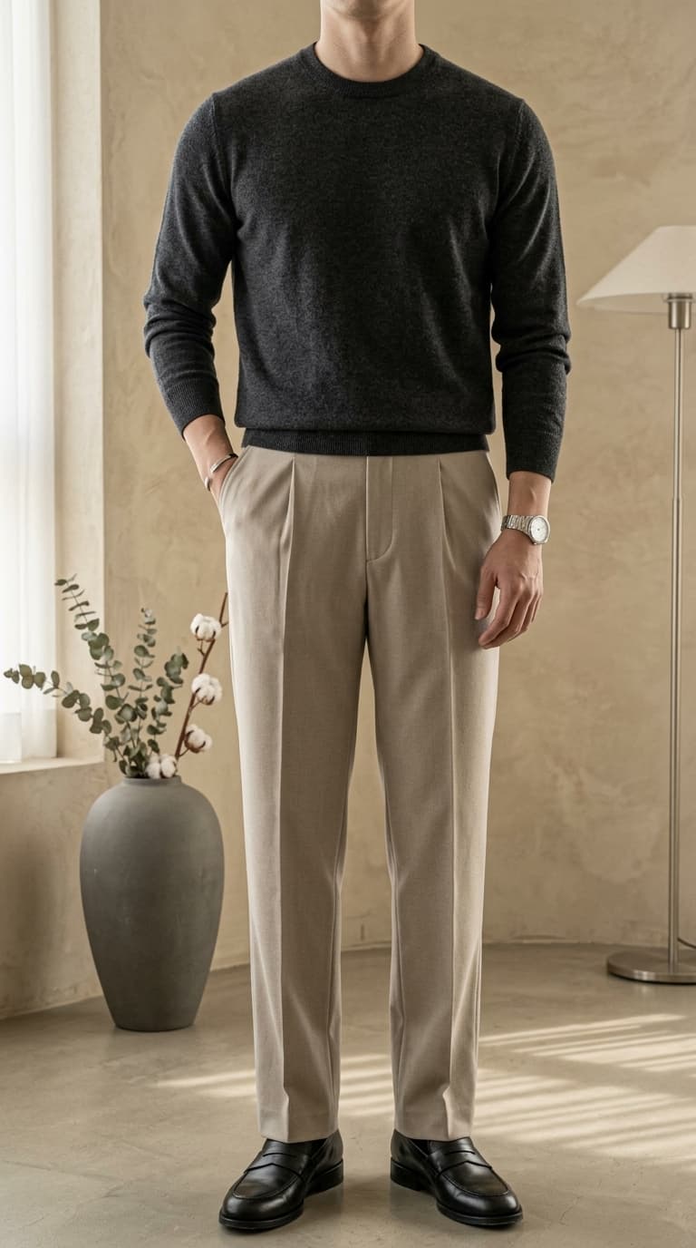 Man wearing a dark grey crewneck sweater and light beige pleated trousers with black loafers.