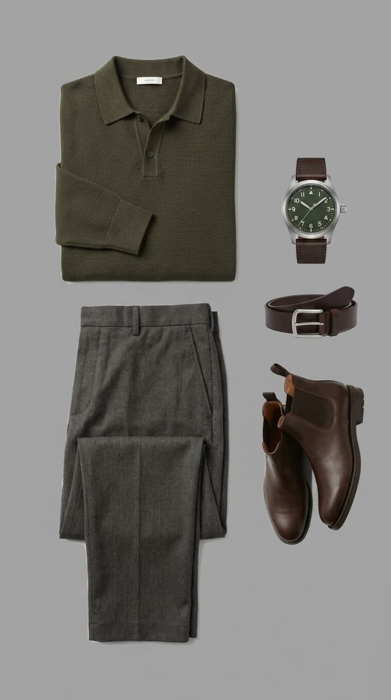 A flat lay of a men's outfit featuring a dark olive knit polo shirt, charcoal grey trousers, a brown leather belt, a silver watch with a brown leather strap, and brown leather Chelsea boots.