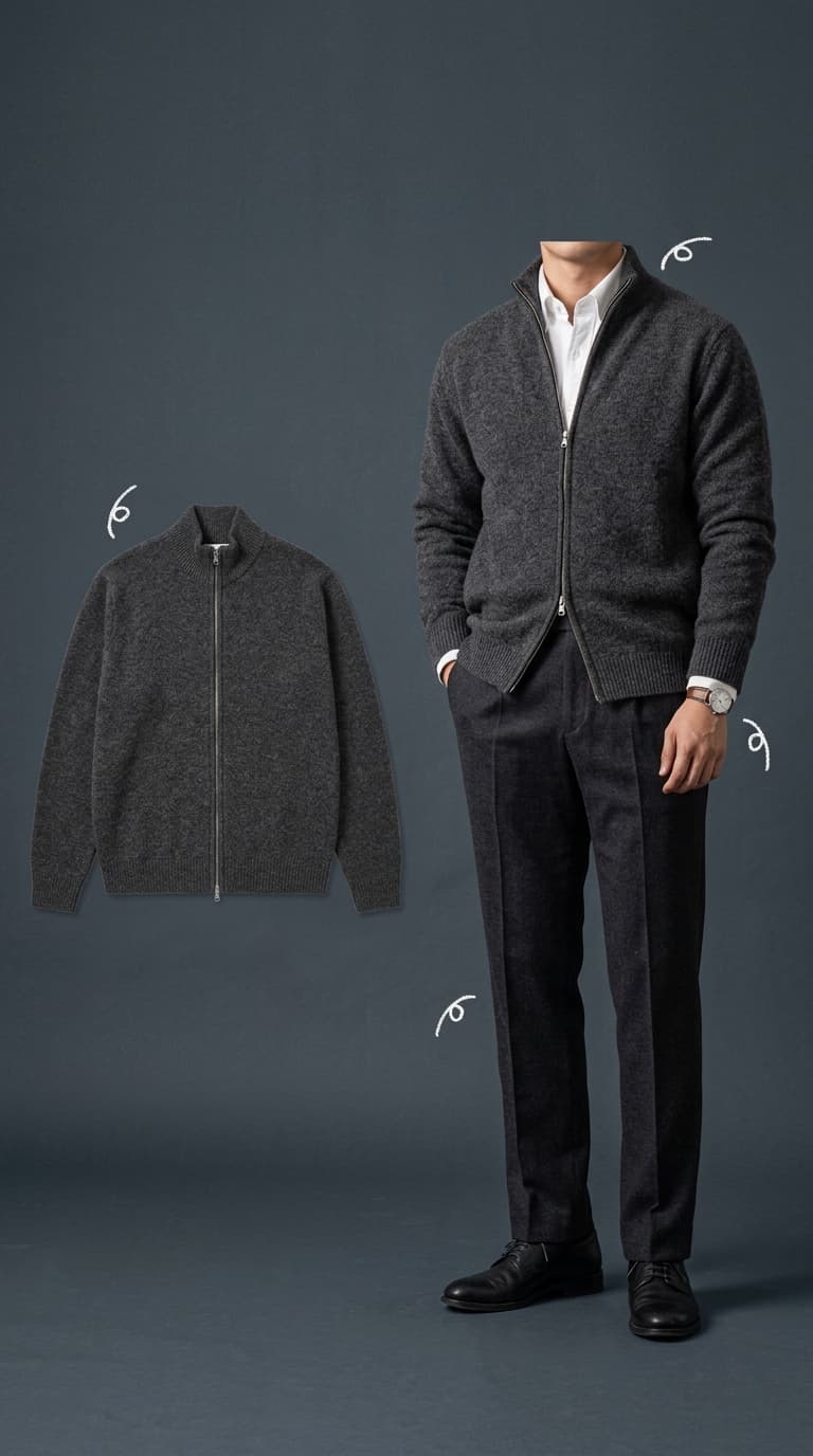A man wearing a charcoal zip-up cardigan over a white dress shirt and dark trousers, with a separate view of the cardigan.