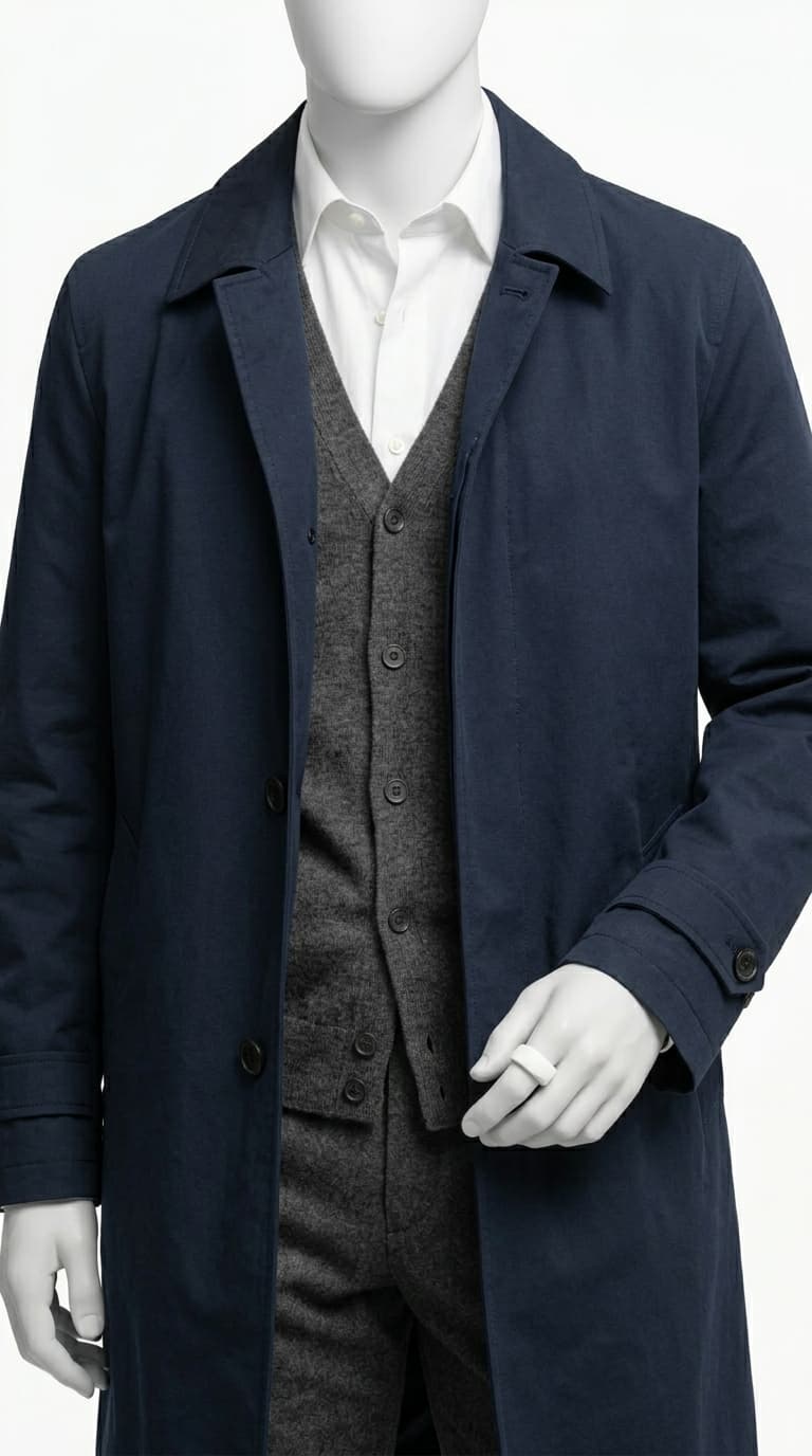 Mannequin wearing a navy mac coat over a grey cardigan, white dress shirt, and grey trousers.