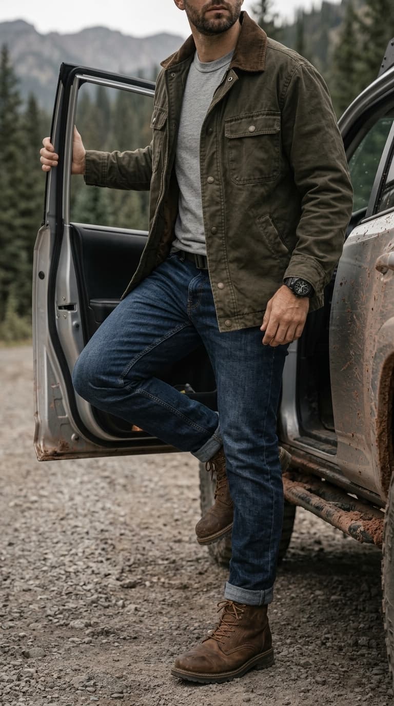 Man wearing a green field jacket, grey t-shirt, blue jeans, and brown boots, leaning against a car in a mountainous, wooded area.