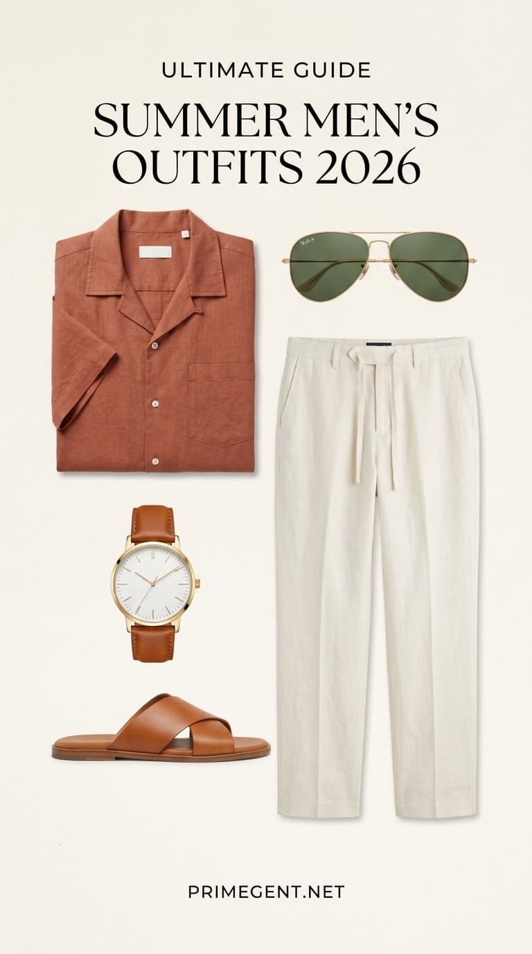 A flat lay of a men's summer outfit featuring a rust-colored short-sleeve linen shirt, cream drawstring linen pants, brown leather slides, a gold watch, and aviator sunglasses.
