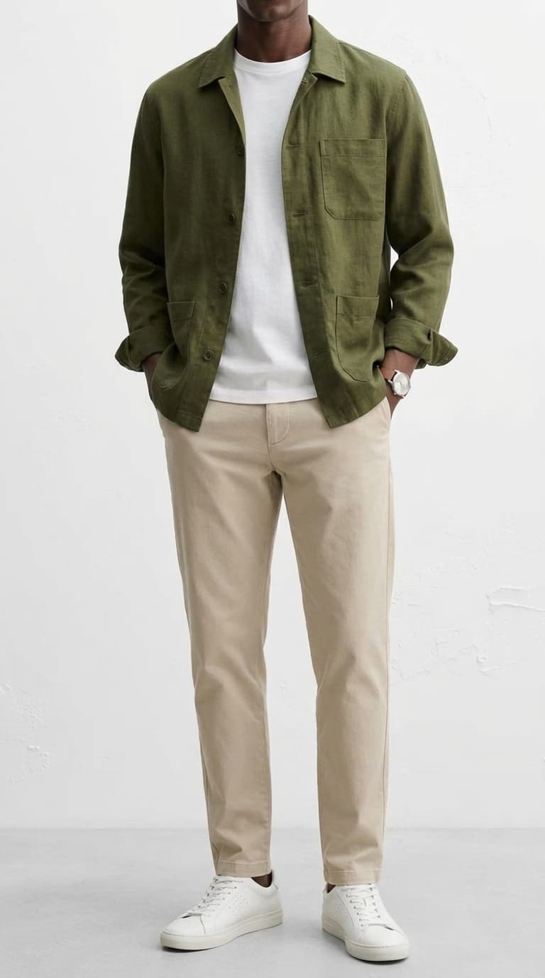 Man wearing an olive green shirt jacket over a white t-shirt, with khaki chinos and white sneakers.
