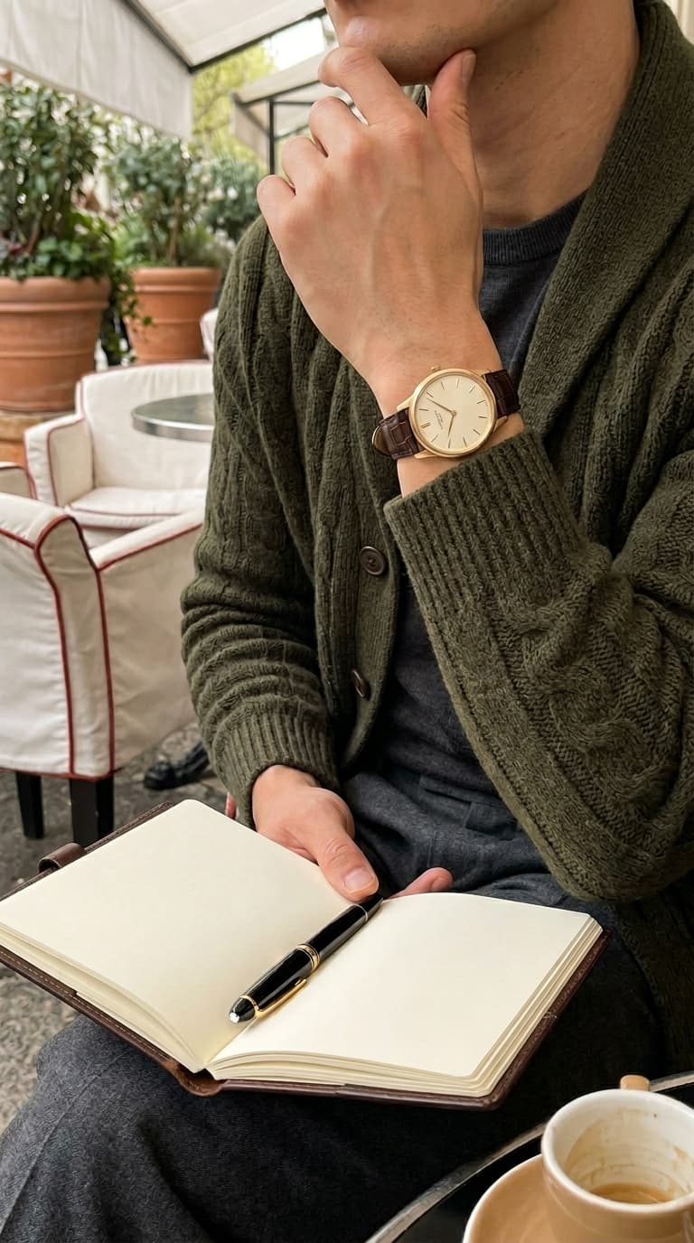 A man wearing a dark green cable knit cardigan over a grey crewneck sweater, holding a notebook and pen, with a watch on his wrist.