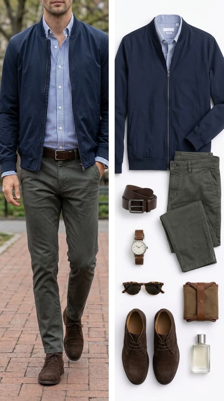 A man wearing a navy bomber jacket over a striped button-down shirt, paired with olive chinos and brown suede chukka boots.