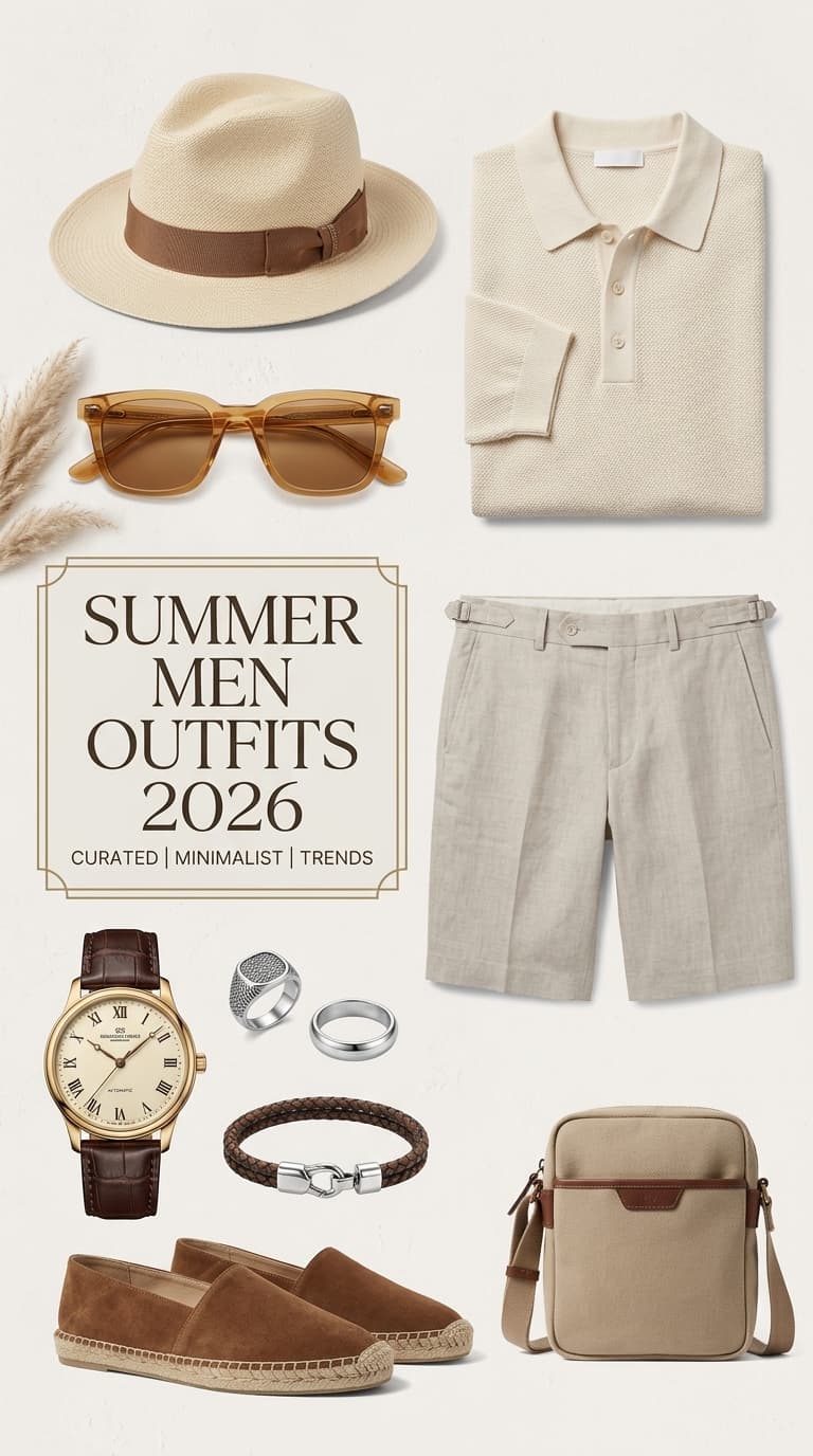 A flat lay of men's summer outfit essentials including a straw hat, sunglasses, a long-sleeve polo shirt, linen shorts, a watch, rings, a bracelet, espadrille shoes, and a crossbody bag.