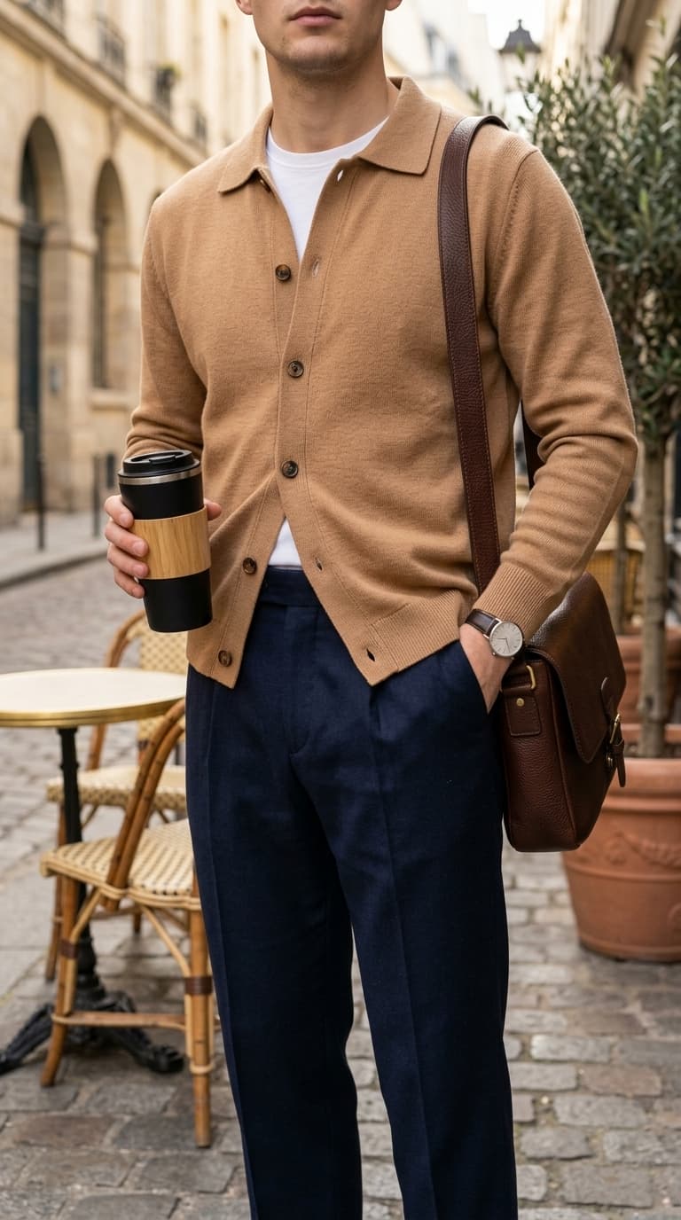 Man wearing a camel cardigan over a white t-shirt with navy chinos and a brown leather messenger bag, holding a coffee cup.