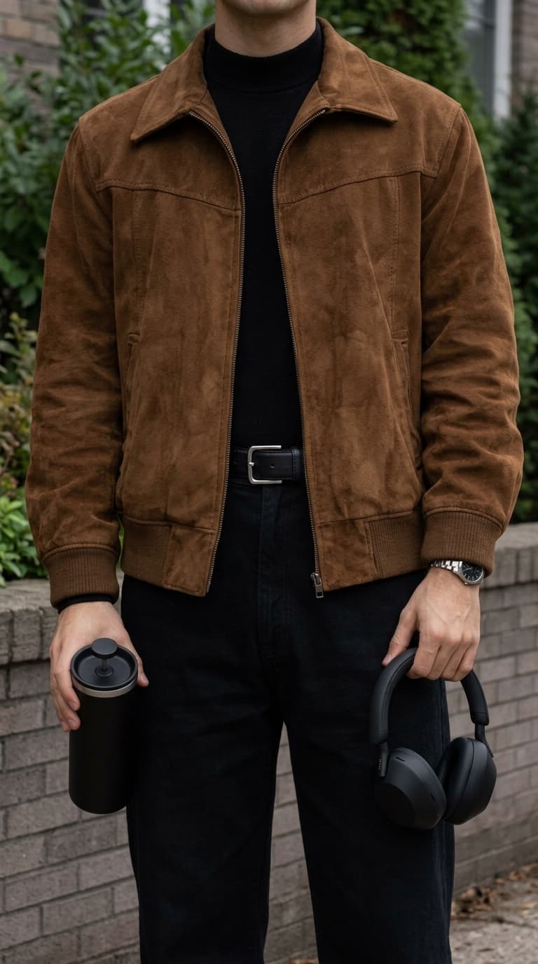 A man wearing a brown suede bomber jacket over a black turtleneck, black jeans, and a black belt, holding a travel mug and headphones.