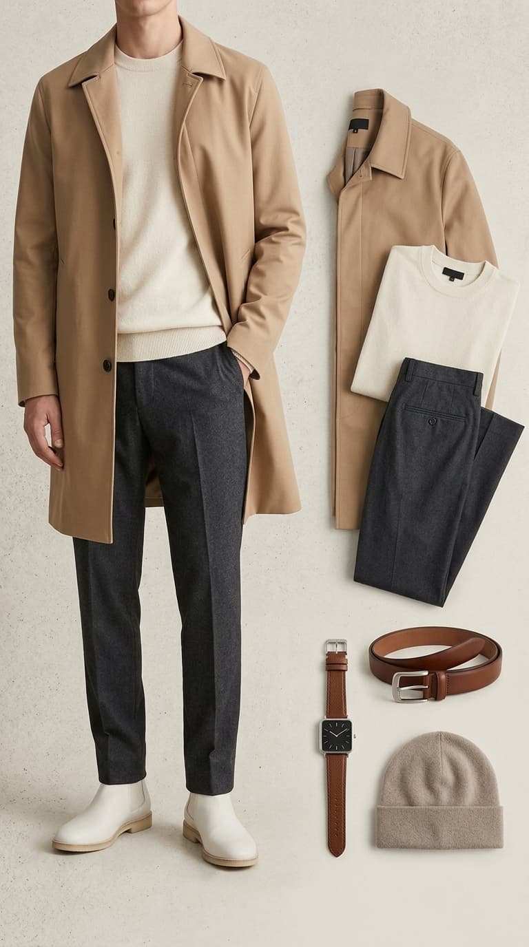 A man wearing a tan trench coat over a cream sweater and charcoal trousers, paired with white Chelsea boots, with the outfit components laid out separately: a tan trench coat, a cream t-shirt, charcoal trousers, a brown leather belt, a brown leather strap watch with a black face, and a beige beanie.