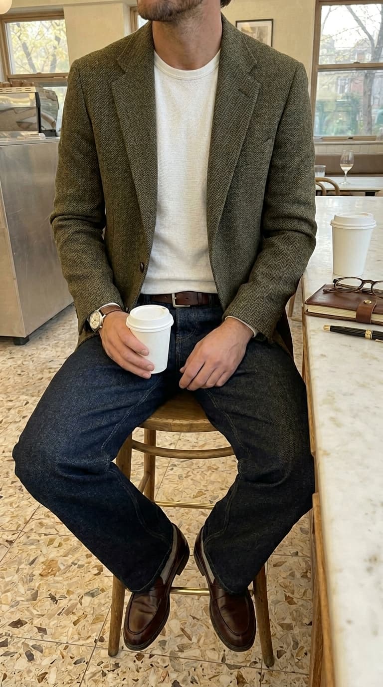 Man wearing a green tweed blazer over a white waffle knit t-shirt, dark wash jeans, and brown loafers, holding a coffee cup.